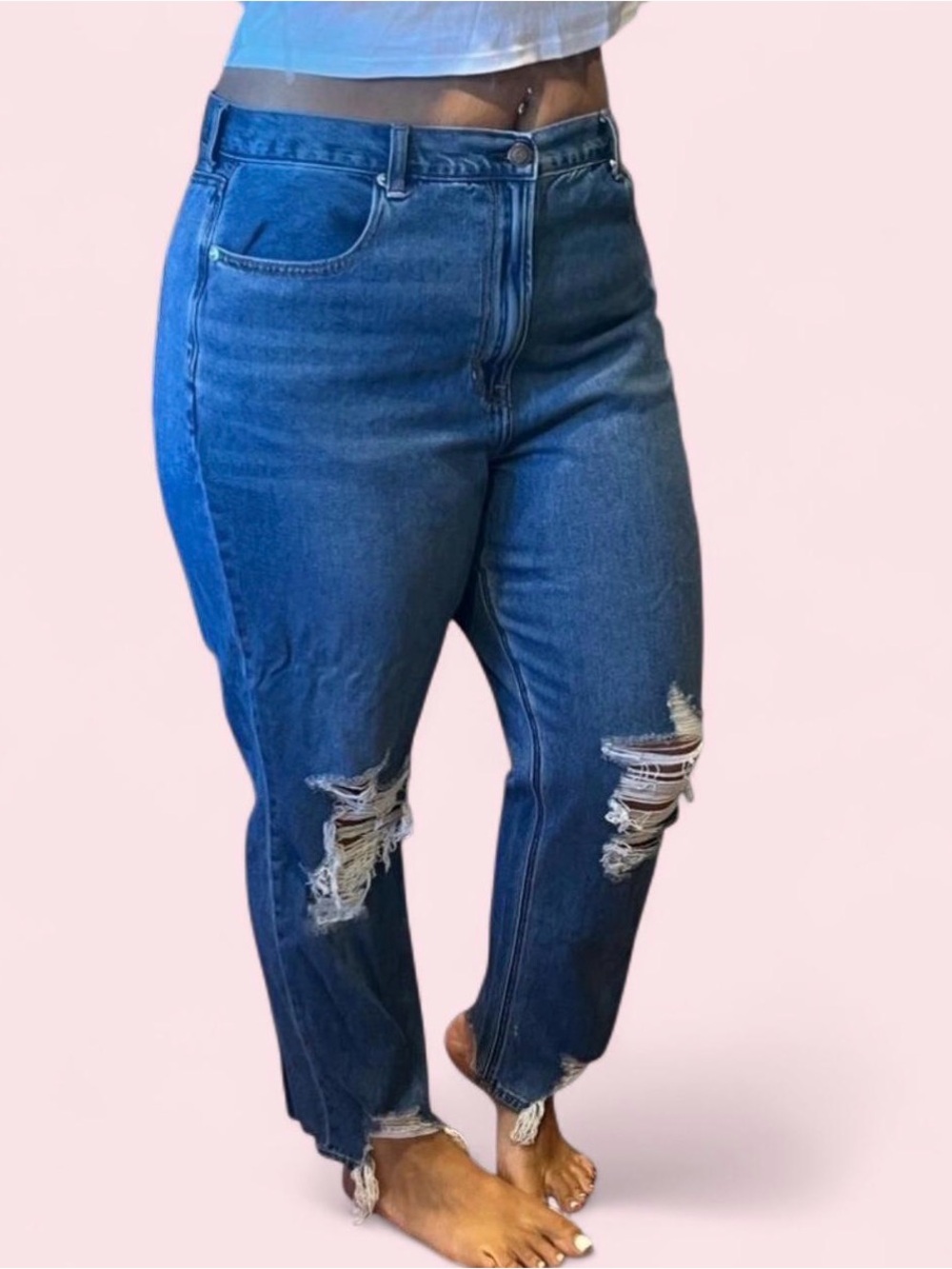 American Eagle Mom Jeans Size 18 Distressed Stretch Raw Hem Blue Denim